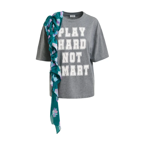Essentiel Antwerp Grey and white printed cotton T-shirt with turquoise cascading frills - Essentiel Antwerp Shirts - Colorful Belgian Design - Shop at Coveti