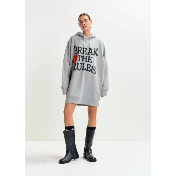 Essentiel Antwerp Grey, black and orange cotton hoodie mini dress with sequin and-bead embroideries, view 2