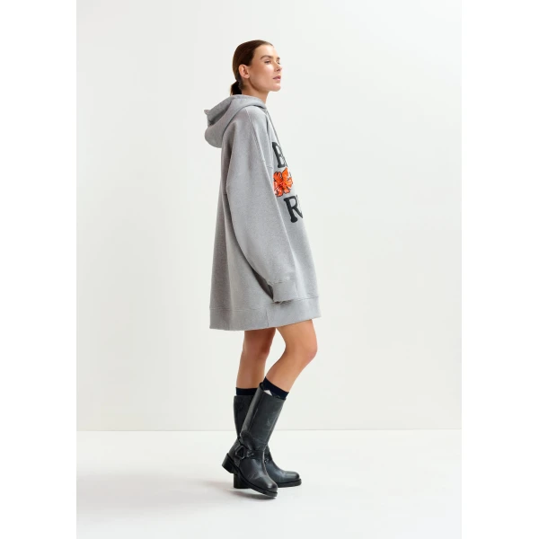 Essentiel Antwerp Grey, black and orange cotton hoodie mini dress with sequin and-bead embroideries, view 3