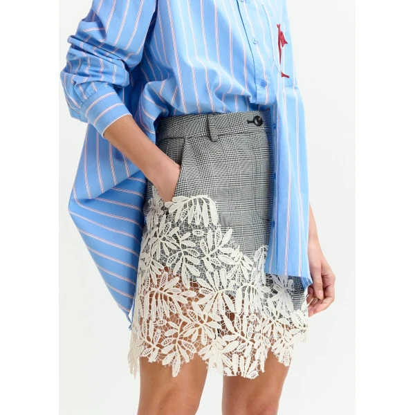 Essentiel Antwerp Grey, black and white checked asymmetric skirt with lace appliqué, view 3