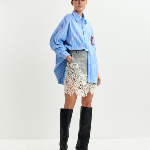 black and white checked asymmetric skirt with lace appliqué - Essentiel Antwerp Skirts - Colorful Belgian Design - Shop at Coveti