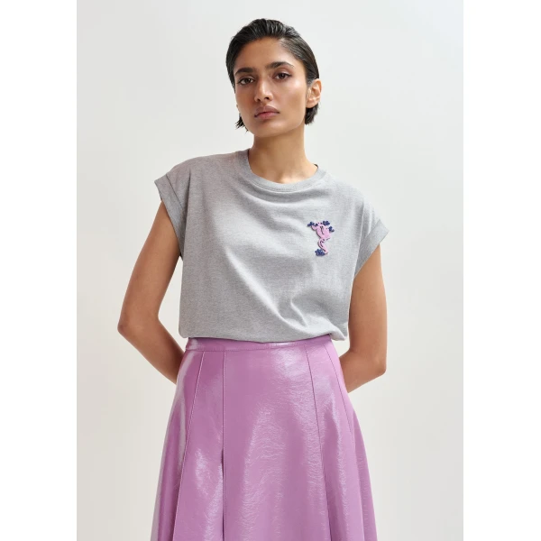 Essentiel Antwerp Grey cotton T-shirt with bead embroidery Top, view 2