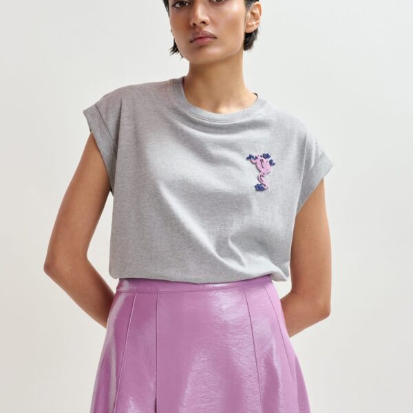 Essentiel Antwerp Grey cotton T-shirt with bead embroidery - Essentiel Antwerp Shirts - Colorful Belgian Design - Shop at Coveti