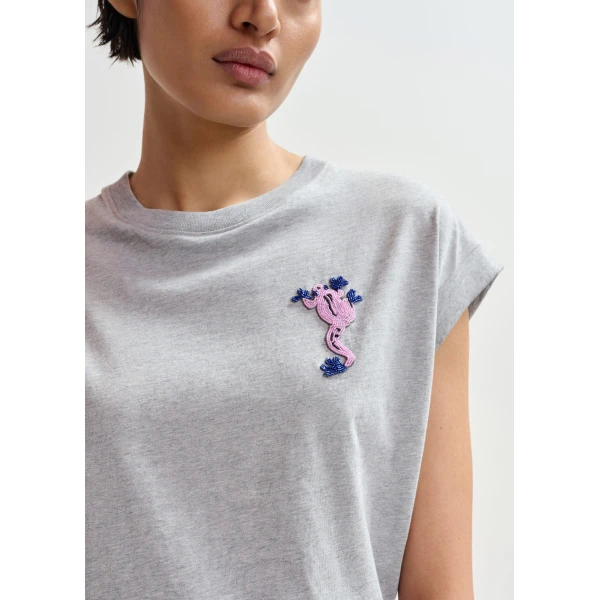 Essentiel Antwerp Grey cotton T-shirt with bead embroidery Top, view 3