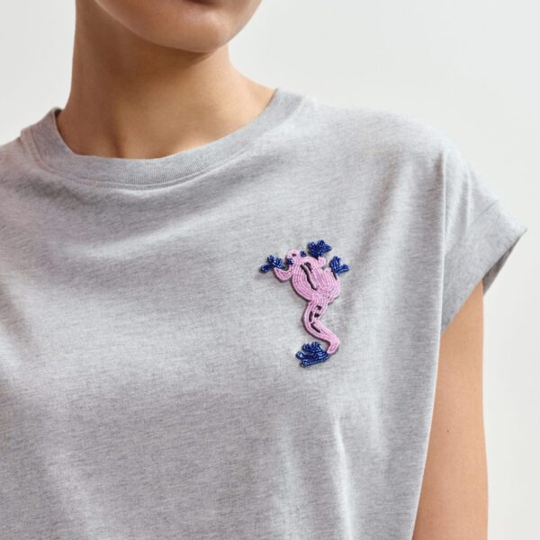 Essentiel Antwerp Grey cotton T-shirt with bead embroidery - Essentiel Antwerp Shirts - Colorful Belgian Design - Shop at Coveti