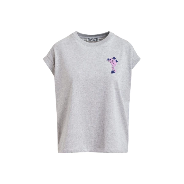 Essentiel Antwerp Grey cotton T-shirt with bead embroidery - Essentiel Antwerp Shirts - Colorful Belgian Design - Shop at Coveti