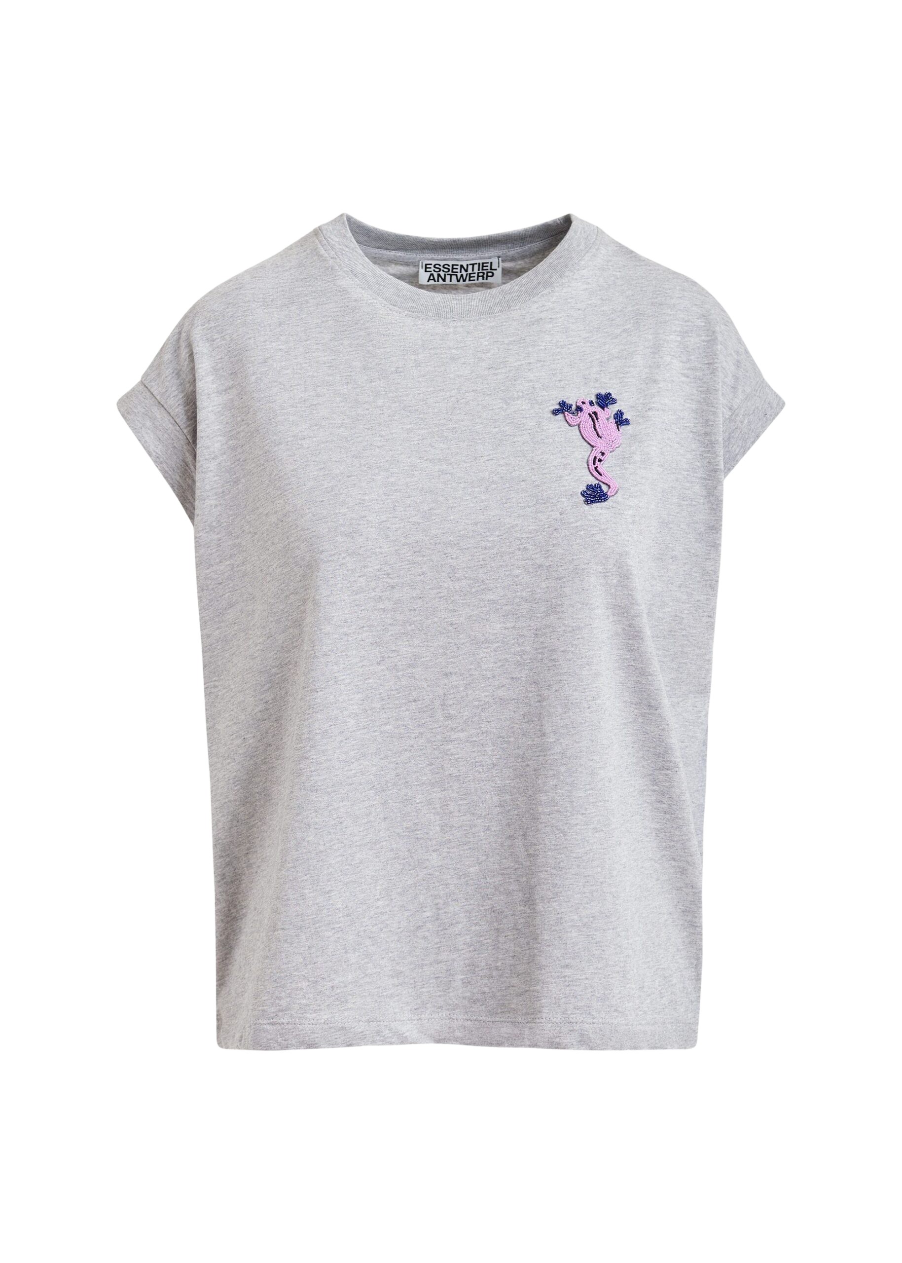 Essentiel Antwerp Grey cotton T-shirt with bead embroidery - Essentiel Antwerp Shirts - Colorful Belgian Design - Shop at Coveti