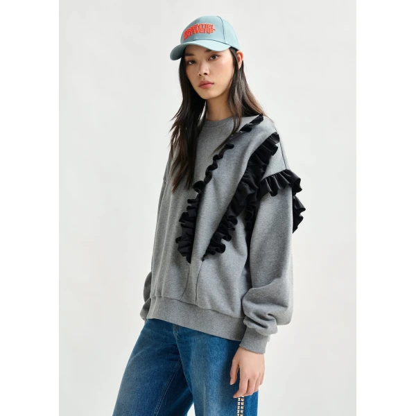 Essentiel Antwerp Grey cotton-blend sweatshirt with ruffle details Top, view 2