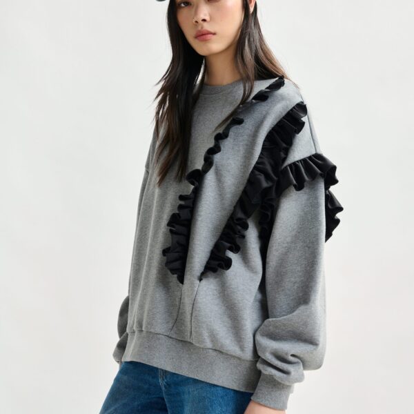 Essentiel Antwerp Grey cotton-blend sweatshirt with ruffle details - Essentiel Antwerp Shirts - Colorful Belgian Design - Shop at Coveti