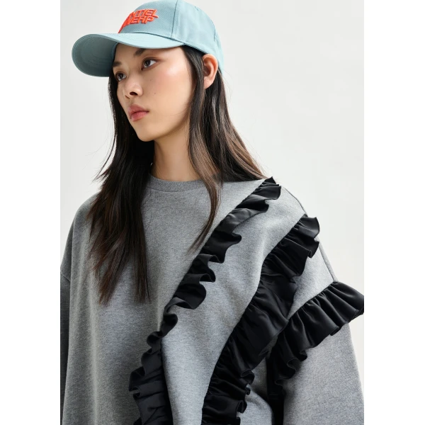 Essentiel Antwerp Grey cotton-blend sweatshirt with ruffle details Top, view 3