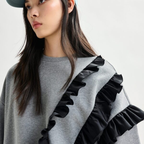 Essentiel Antwerp Grey cotton-blend sweatshirt with ruffle details - Essentiel Antwerp Shirts - Colorful Belgian Design - Shop at Coveti