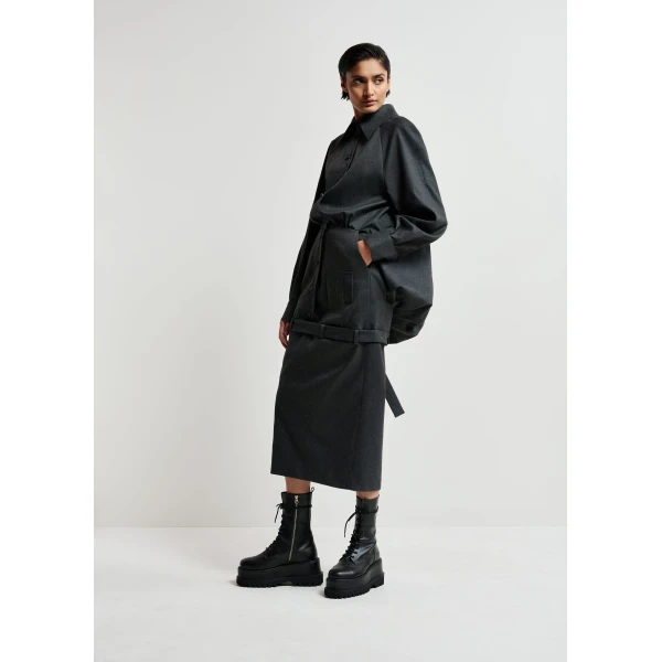 Essentiel Antwerp Grey draped-back tailored dress with belted waist, view 3