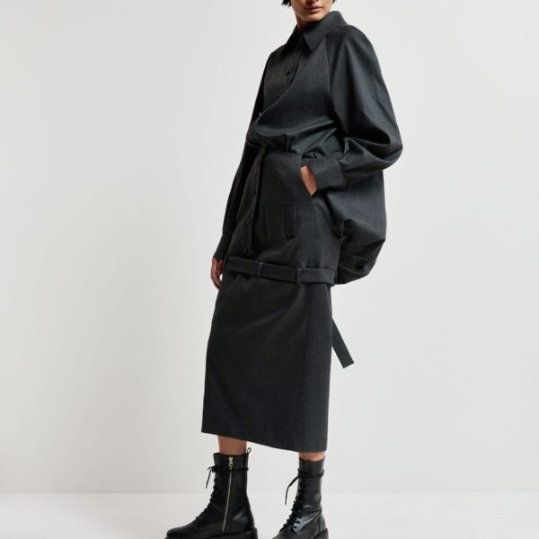 Essentiel Antwerp Grey draped-back tailored dress with belted waist - Essentiel Antwerp Dresses - Colorful Belgian Design - Shop at Coveti