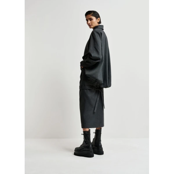 Essentiel Antwerp Grey draped-back tailored dress with belted waist, view 4