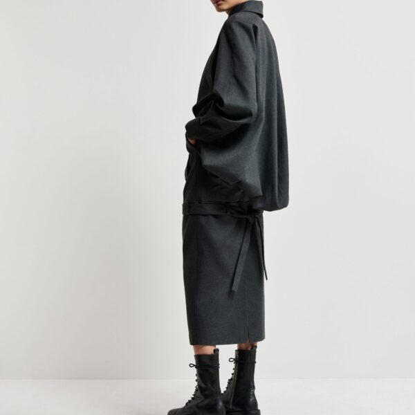 Essentiel Antwerp Grey draped-back tailored dress with belted waist - Essentiel Antwerp Dresses - Colorful Belgian Design - Shop at Coveti