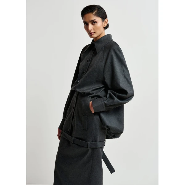 Essentiel Antwerp Grey draped-back tailored dress with belted waist, view 5