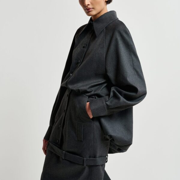 Essentiel Antwerp Grey draped-back tailored dress with belted waist - Essentiel Antwerp Dresses - Colorful Belgian Design - Shop at Coveti