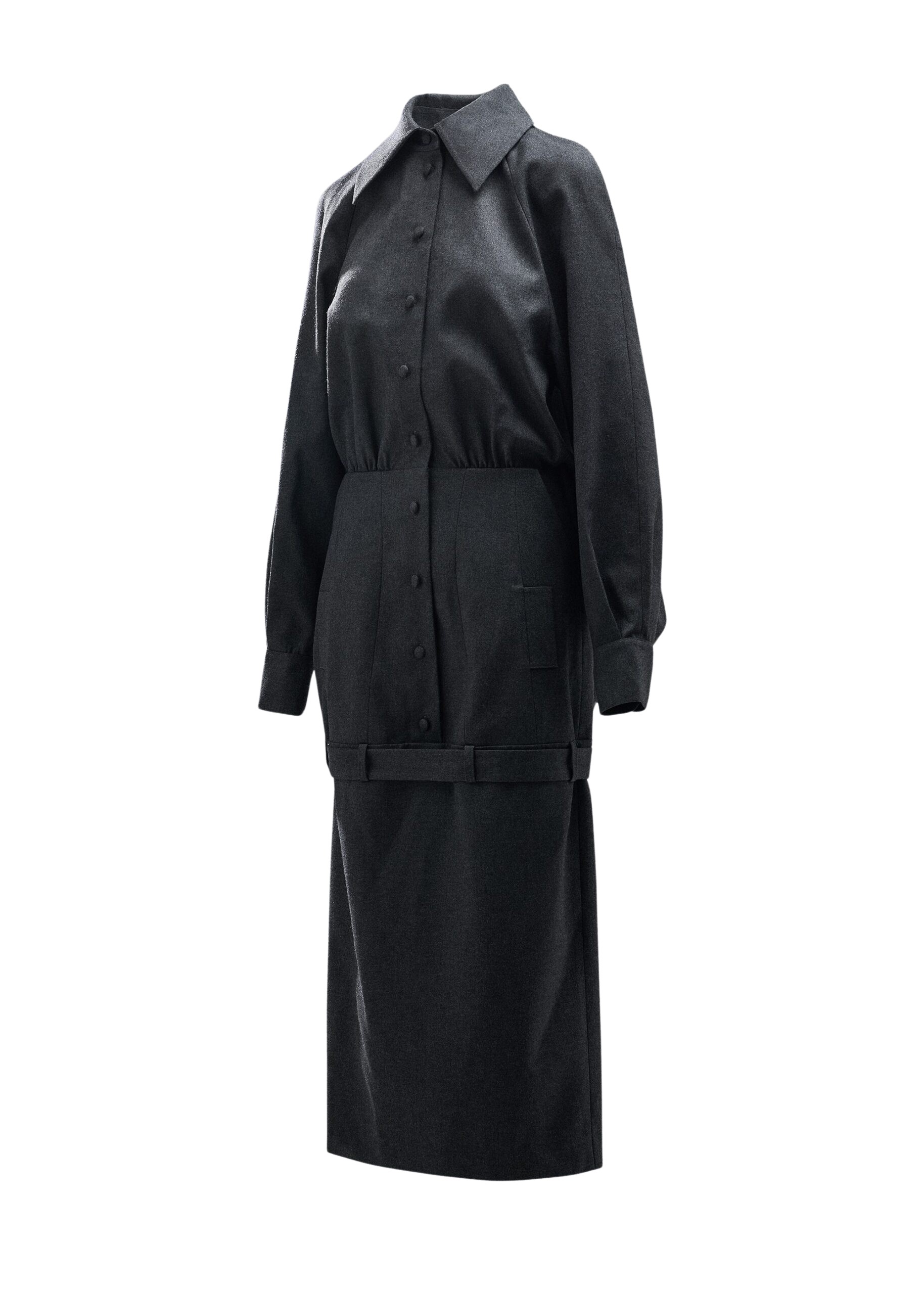 Essentiel Antwerp Grey draped-back tailored dress with belted waist