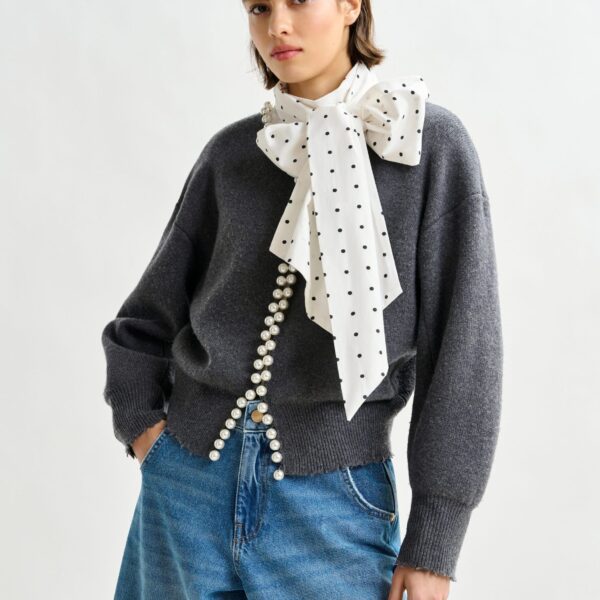 Essentiel Antwerp Grey pearl-embellished cardigan - Essentiel Antwerp Knitwear - Colorful Belgian Design - Shop at Coveti