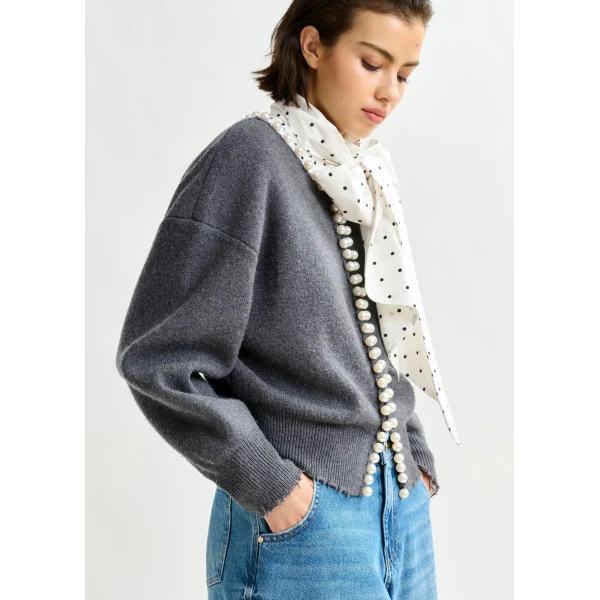 Essentiel Antwerp Grey pearl-embellished cardigan, view 3