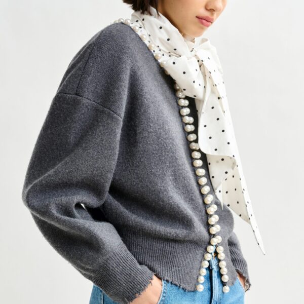 Essentiel Antwerp Grey pearl-embellished cardigan - Essentiel Antwerp Knitwear - Colorful Belgian Design - Shop at Coveti