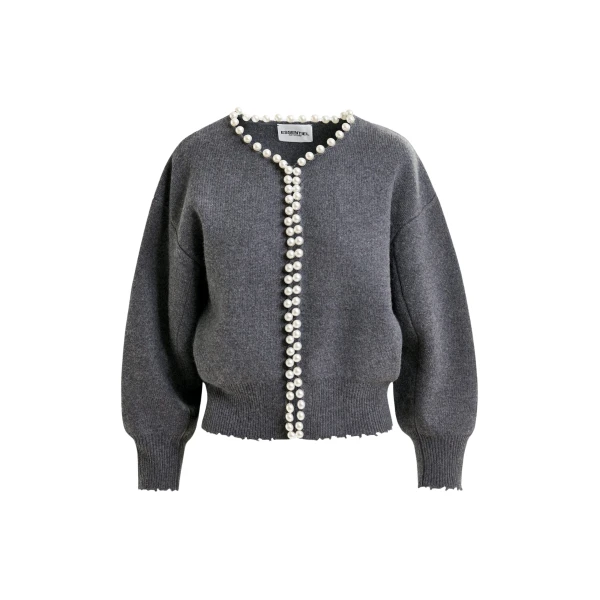 Essentiel Antwerp Grey pearl-embellished cardigan - Essentiel Antwerp Knitwear - Colorful Belgian Design - Shop at Coveti