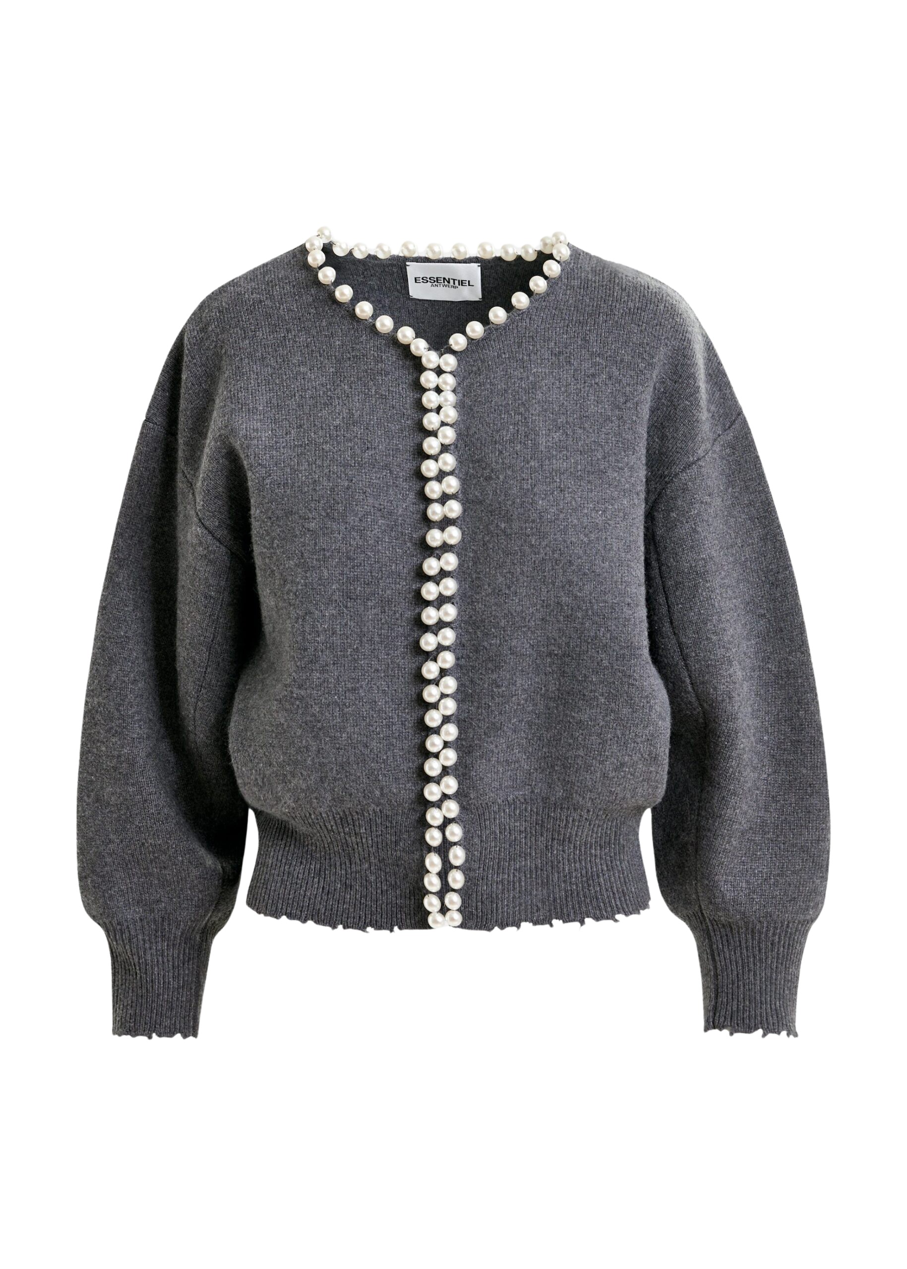 Essentiel Antwerp Grey pearl-embellished cardigan - Essentiel Antwerp Knitwear - Colorful Belgian Design - Shop at Coveti