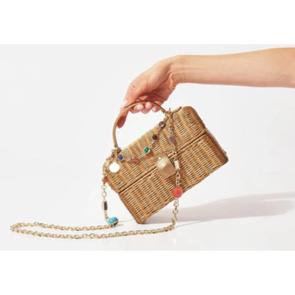 Judith Leiber Isla Wicker Basket Champagne - Judith Leiber Crystal Clutch - Luxury Evening Bag - Shop at Coveti