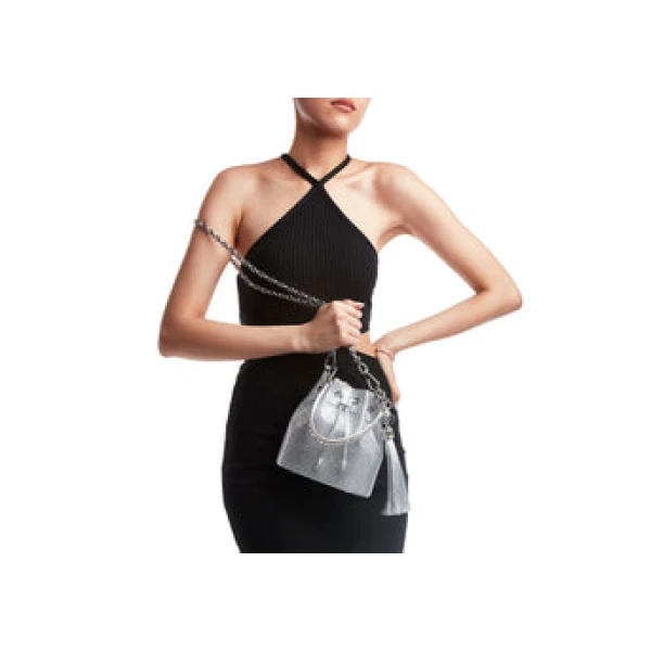 Judith Leiber Piper Bucket Silver Drawstring Bag - Judith Leiber Crystal Clutch - Luxury Evening Bag - Shop at Coveti