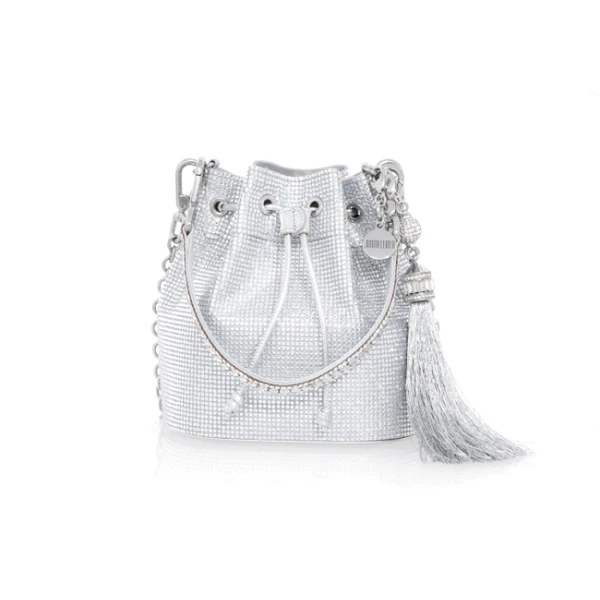 Judith Leiber Piper Bucket Silver Drawstring Bag - Judith Leiber Crystal Clutch - Luxury Evening Bag - Shop at Coveti