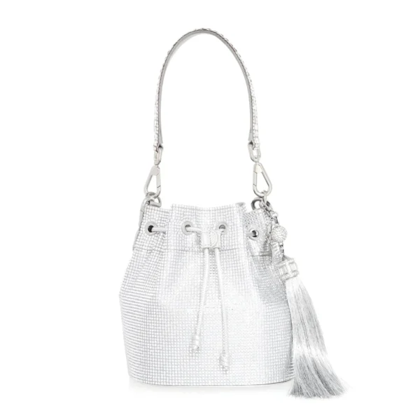 Judith Leiber Piper Bucket Silver Drawstring Bag - Judith Leiber Crystal Clutch - Luxury Evening Bag - Shop at Coveti
