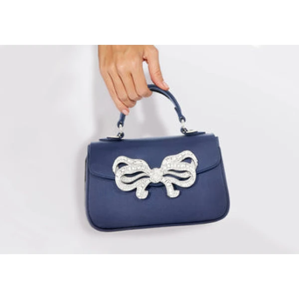 Judith Leiber Satin Bow Top Handle Navy - Judith Leiber Crystal Clutch - Luxury Evening Bag - Shop at Coveti