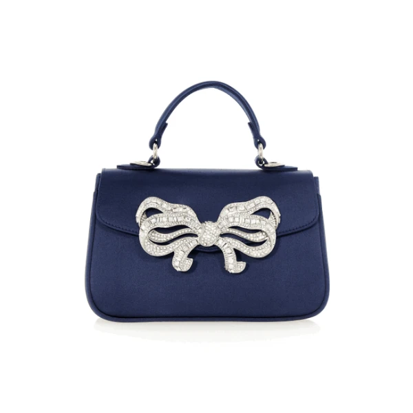 Judith Leiber Satin Bow Top Handle Navy - Judith Leiber Crystal Clutch - Luxury Evening Bag - Shop at Coveti