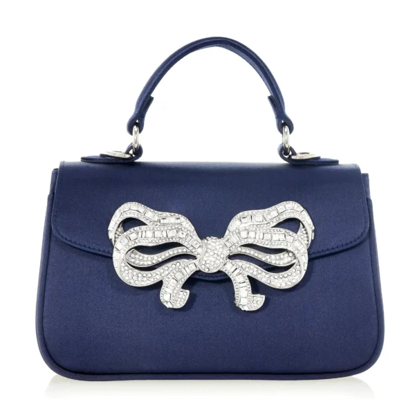 Judith Leiber Satin Bow Top Handle Navy - Judith Leiber Crystal Clutch - Luxury Evening Bag - Shop at Coveti