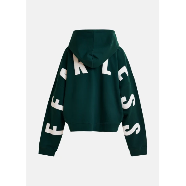 Essentiel Antwerp Khaki and white oversized cotton hoodie with “fearless”-print, view 2