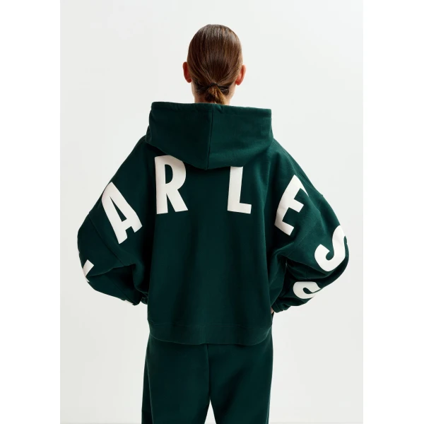 Essentiel Antwerp Khaki and white oversized cotton hoodie with “fearless”-print, view 3