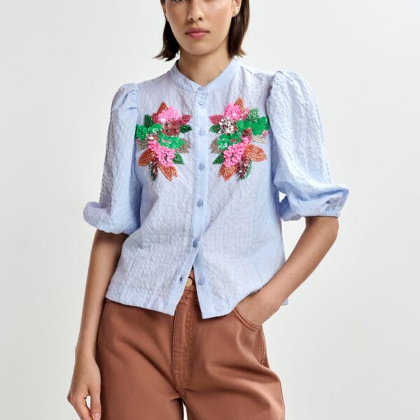 Essentiel Antwerp Light blue and multicolor floral sequin and bead-embellished shirt with voluminous sleeves - Essentiel Antwerp Shirts - Colorful Belgian Design - Shop at Coveti