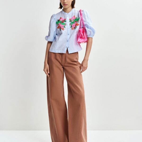 Essentiel Antwerp Light blue and multicolor floral sequin and bead-embellished shirt with voluminous sleeves - Essentiel Antwerp Shirts - Colorful Belgian Design - Shop at Coveti