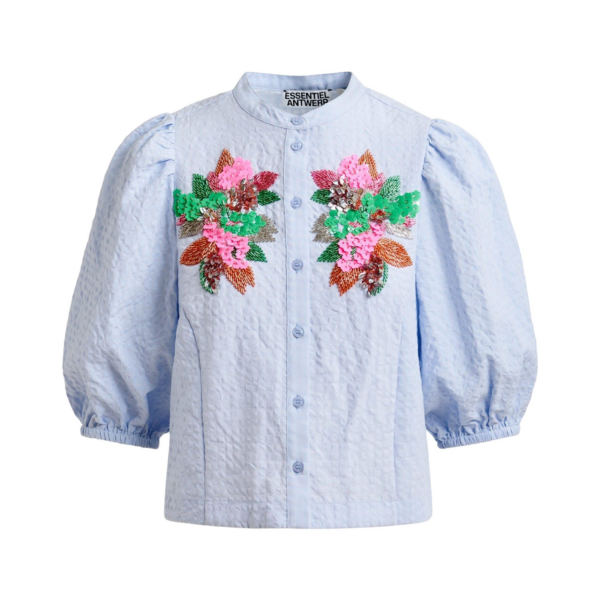 Essentiel Antwerp Light blue and multicolor floral sequin and bead-embellished shirt with voluminous sleeves - Essentiel Antwerp Shirts - Colorful Belgian Design - Shop at Coveti