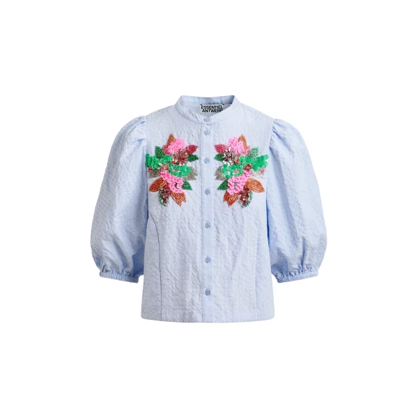 Essentiel Antwerp Light blue and multicolor floral sequin and bead-embellished shirt with voluminous sleeves - Essentiel Antwerp Shirts - Colorful Belgian Design - Shop at Coveti
