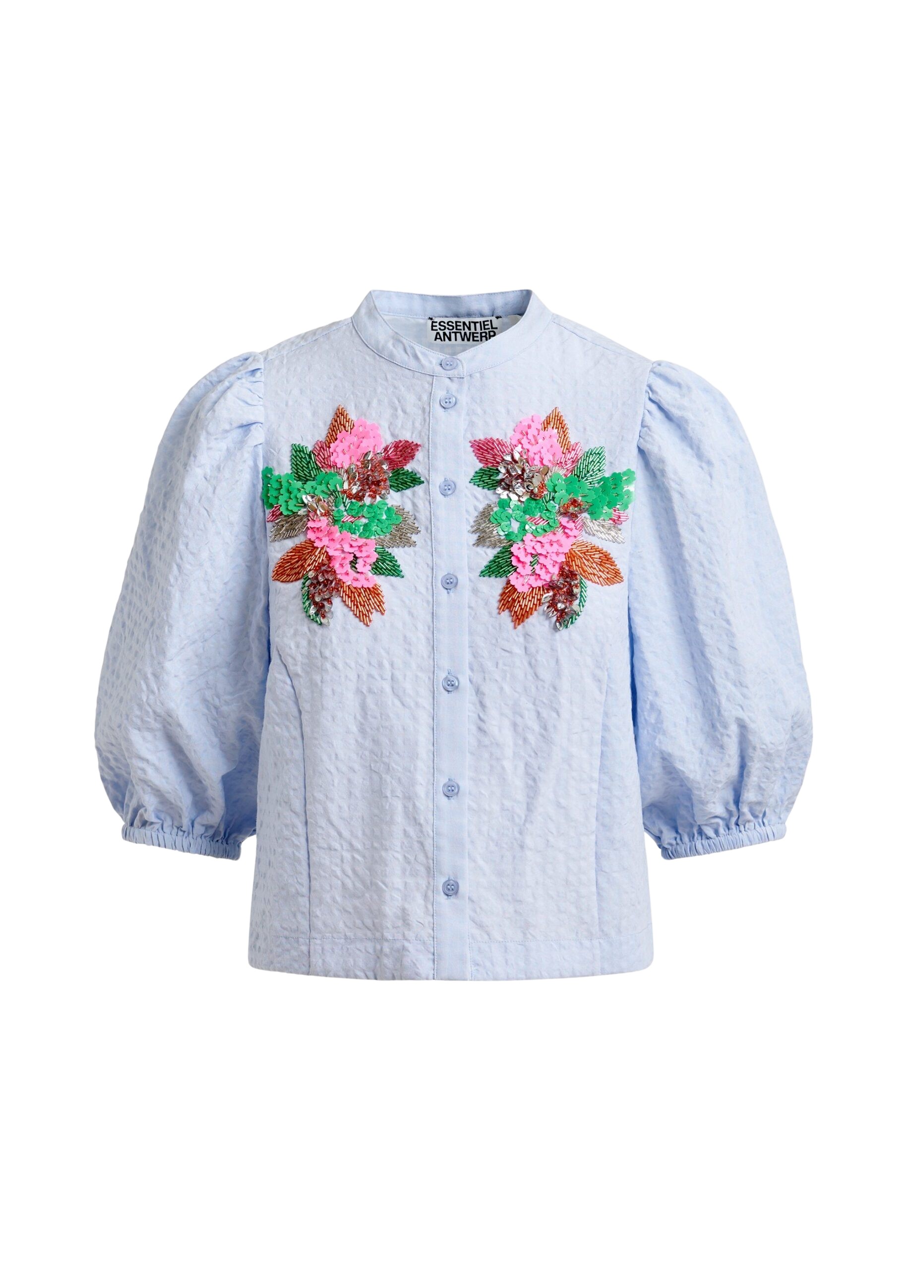 Essentiel Antwerp Light blue and multicolor floral sequin and bead-embellished shirt with voluminous sleeves - Essentiel Antwerp Shirts - Colorful Belgian Design - Shop at Coveti