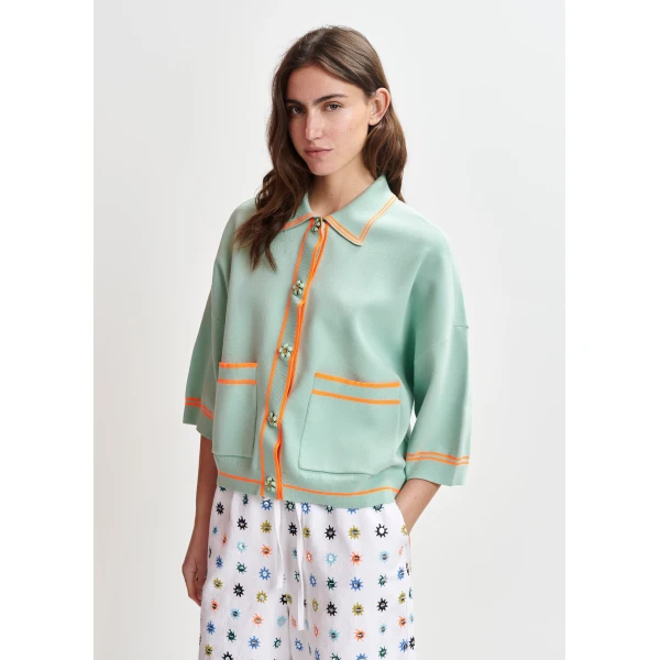 Essentiel Antwerp Light blue and orange knit cardigan with flower buttons and contrasting trims, view 2