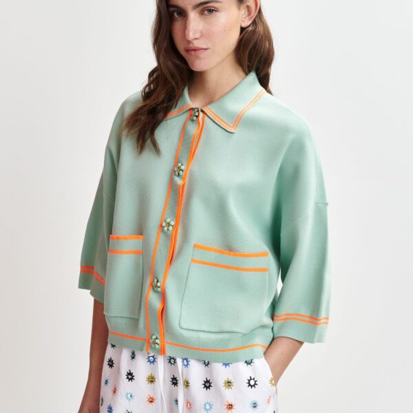 Essentiel Antwerp Light blue and orange knit cardigan with flower buttons and contrasting trims - Essentiel Antwerp Knitwear - Colorful Belgian Design - Shop at Coveti