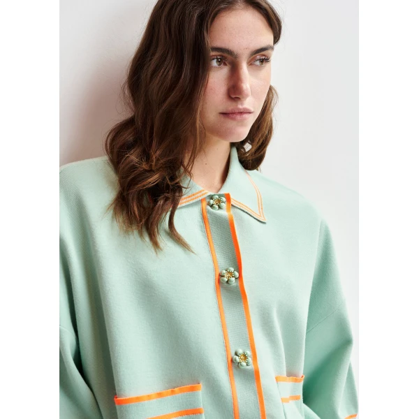 Essentiel Antwerp Light blue and orange knit cardigan with flower buttons and contrasting trims, view 3