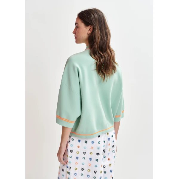 Essentiel Antwerp Light blue and orange knit cardigan with flower buttons and contrasting trims, view 4