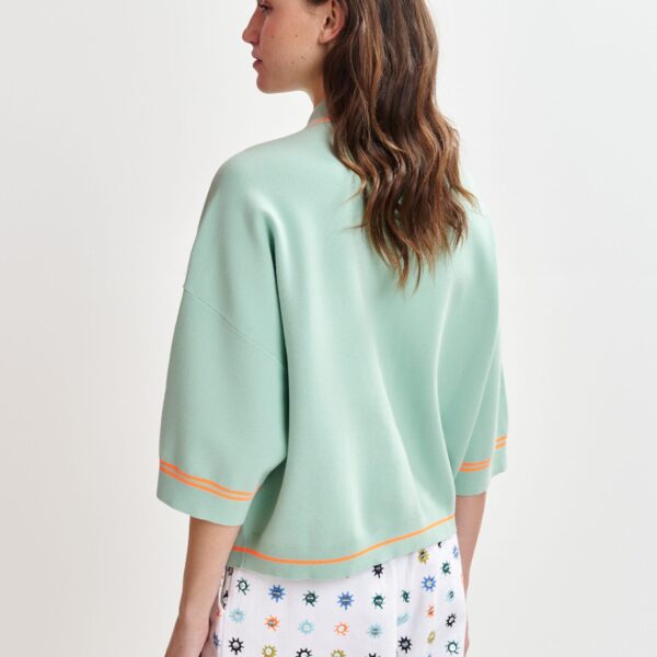 Essentiel Antwerp Light blue and orange knit cardigan with flower buttons and contrasting trims - Essentiel Antwerp Knitwear - Colorful Belgian Design - Shop at Coveti