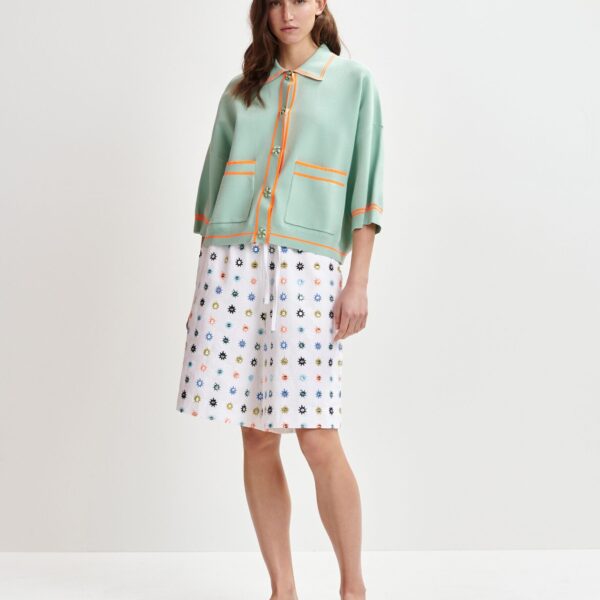 Essentiel Antwerp Light blue and orange knit cardigan with flower buttons and contrasting trims - Essentiel Antwerp Knitwear - Colorful Belgian Design - Shop at Coveti