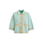 Essentiel Antwerp Light blue and orange knit cardigan with flower buttons and contrasting trims - Essentiel Antwerp Knitwear - Colorful Belgian Design - Shop at Coveti