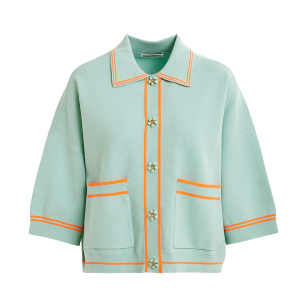 Essentiel Antwerp Light blue and orange knit cardigan with flower buttons and contrasting trims - Essentiel Antwerp Knitwear - Colorful Belgian Design - Shop at Coveti