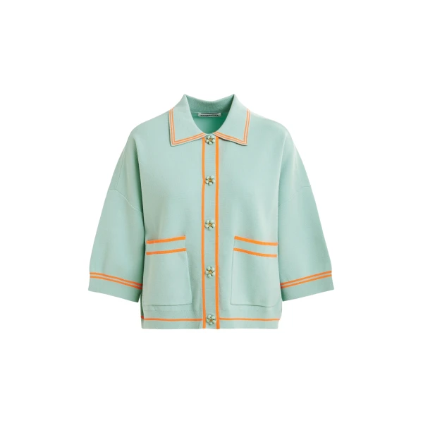 Essentiel Antwerp Light blue and orange knit cardigan with flower buttons and contrasting trims - Essentiel Antwerp Knitwear - Colorful Belgian Design - Shop at Coveti